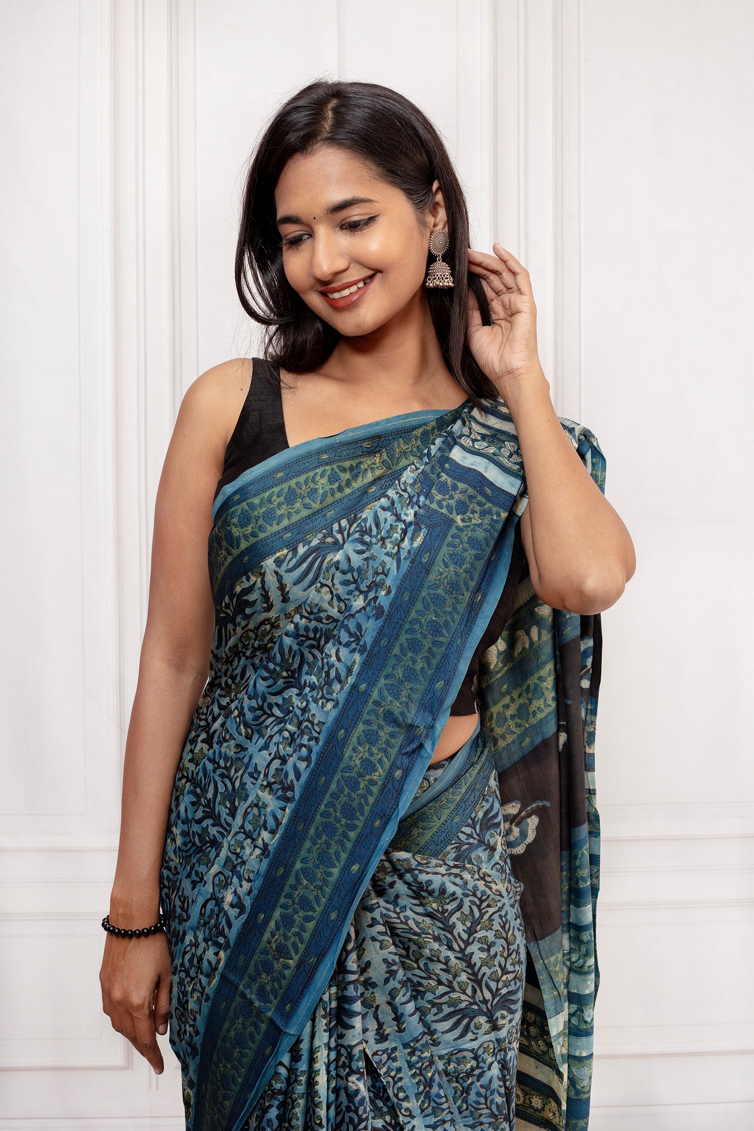 Graceful Handcrafted Ajrakh Saree in Deep Blue Tones