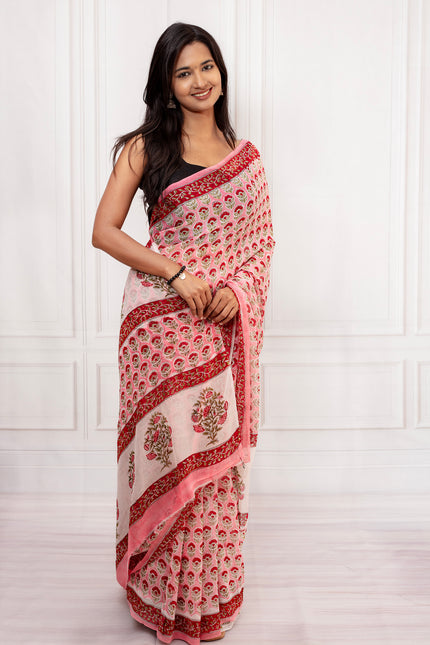 Elegant Pink Floral Cotton Chiffon Saree with Rich Red Borders