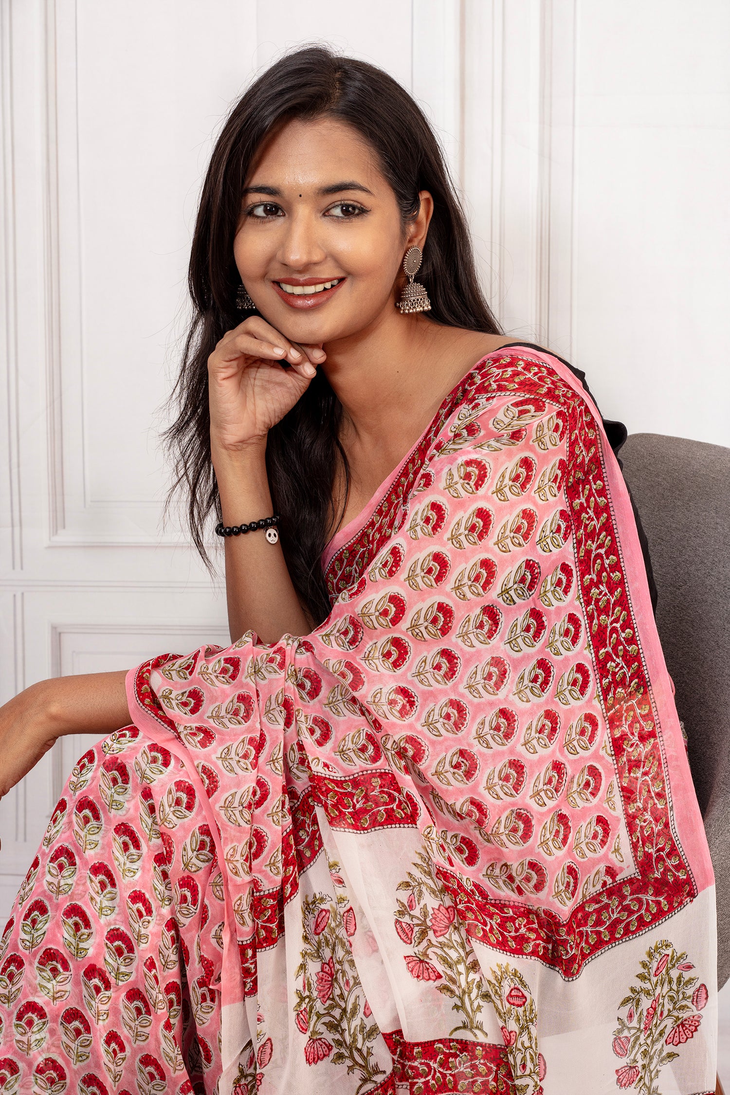Elegant Pink Floral Cotton Chiffon Saree with Rich Red Borders