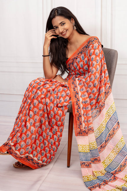 Elegant Orange Floral Cotton Chiffon Saree with Rich Red Borders