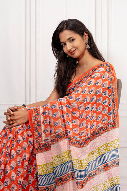 Elegant Orange Floral Cotton Chiffon Saree with Rich Red Borders
