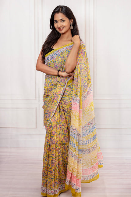 Elegant Green Floral Cotton Chiffon Saree