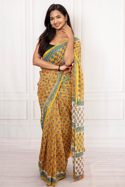 Elegant Mustard  Floral Cotton Chiffon Saree with Rich Blue Borders