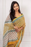 Elegant Mustard  Floral Cotton Chiffon Saree with Rich Blue Borders