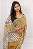 Elegant Mustard  Floral Cotton Chiffon Saree with Rich Blue Borders