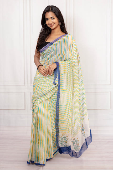 Fresh Striped Cotton Chiffon Saree with Blue Border Elegance