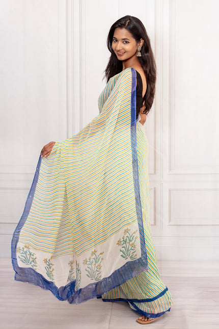Fresh Striped Cotton Chiffon Saree with Blue Border Elegance