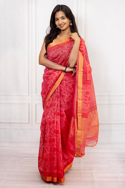Radiant Red Cotton Saree with Golden Border Elegance