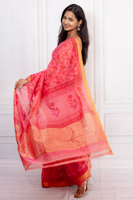 Radiant Red Cotton Saree with Golden Border Elegance