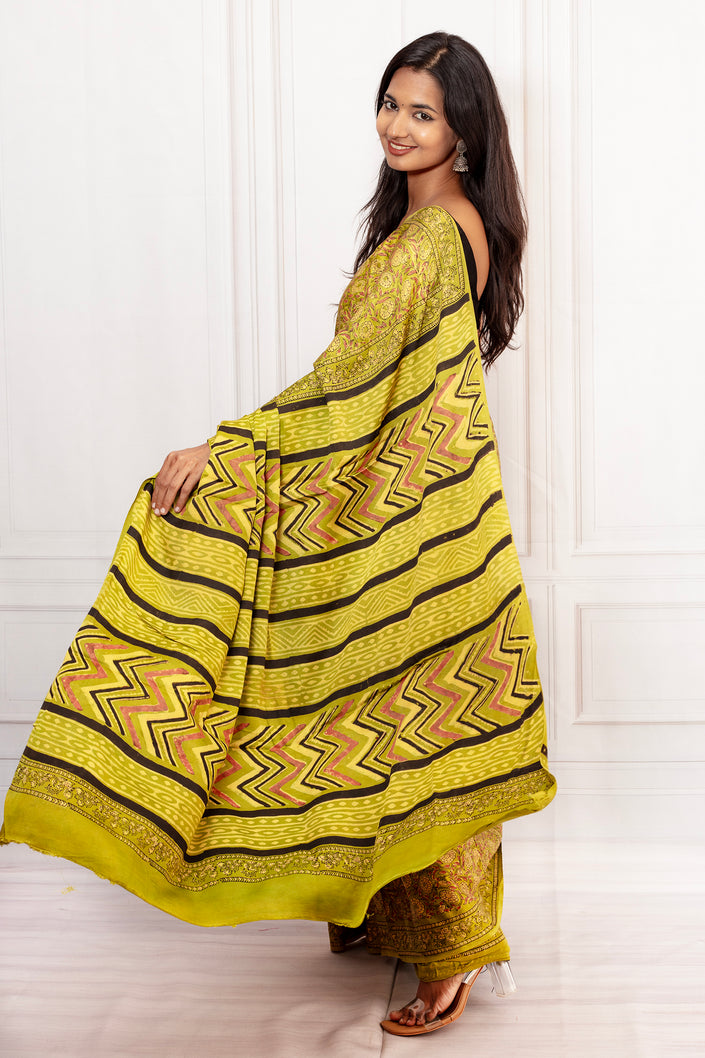 Yellow Green Ajrakh Saree with Bold Pallu Design