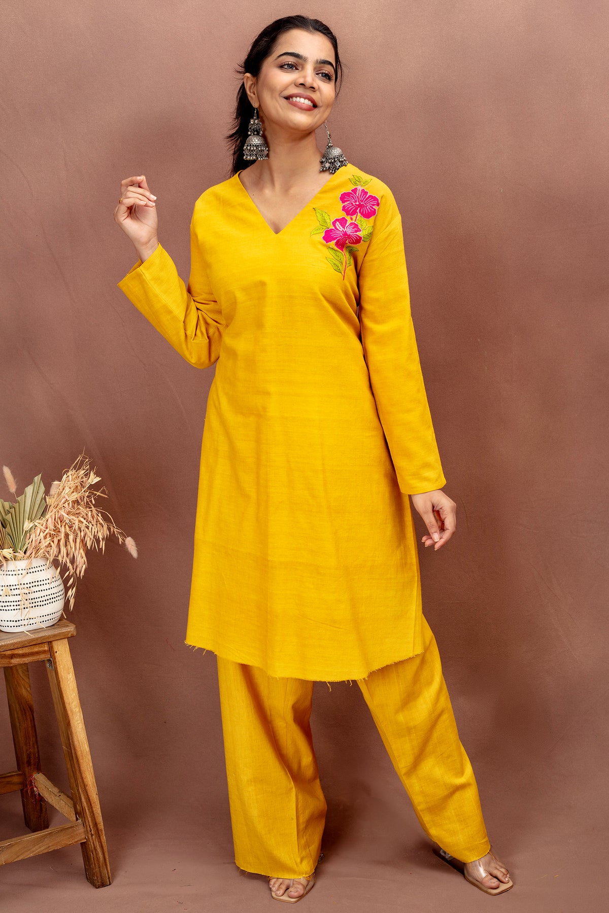 Sunshine Yellow Cotton Kurta Set with Floral Embroidery