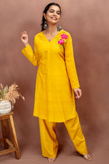 Sunshine Yellow Cotton Kurta Set with Floral Embroidery