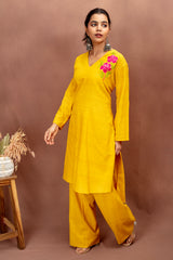 Sunshine Yellow Cotton Kurta Set with Floral Embroidery