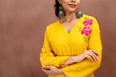 Sunshine Yellow Cotton Kurta Set with Floral Embroidery
