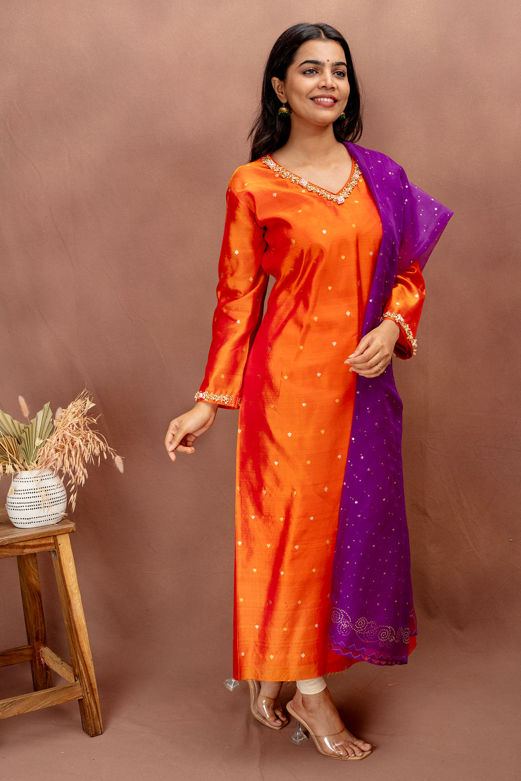 Orange Silk Kurta with Organza Dupatta