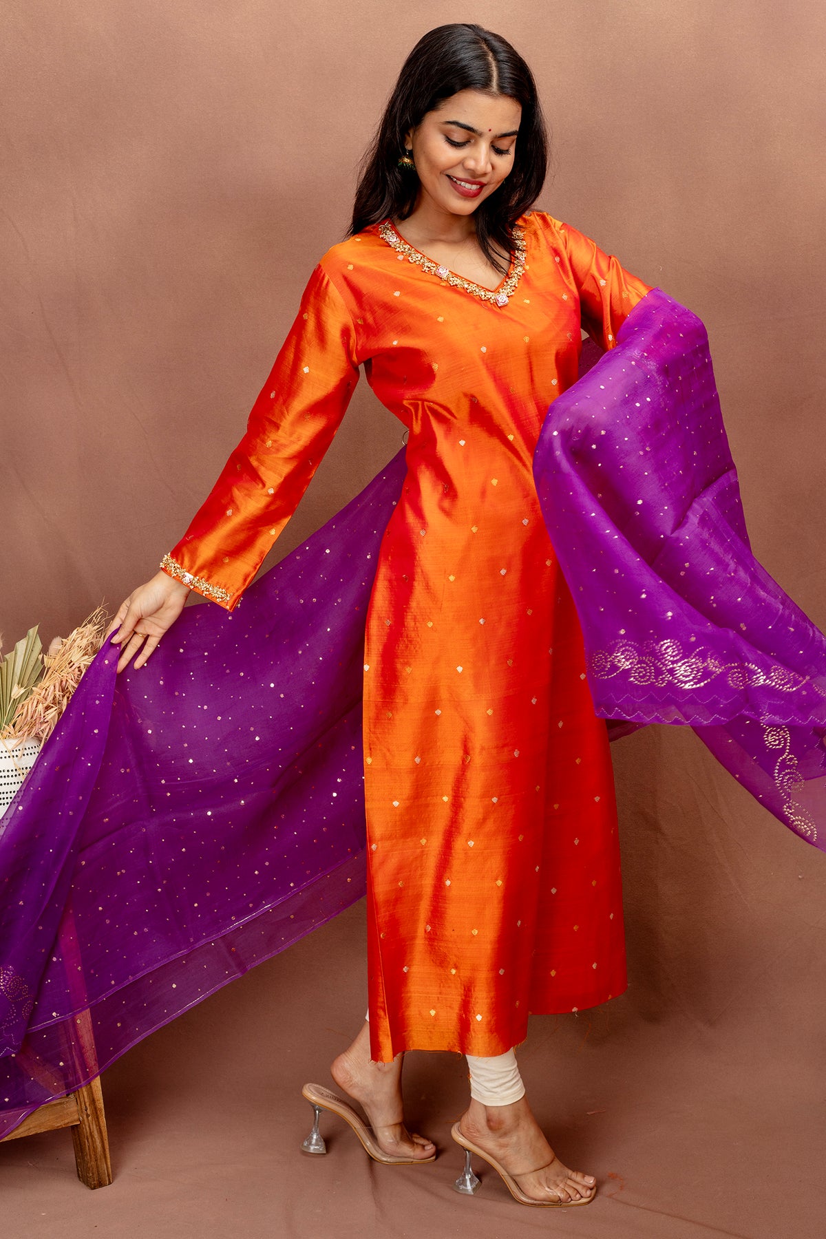 Orange Silk Kurta with Organza Dupatta