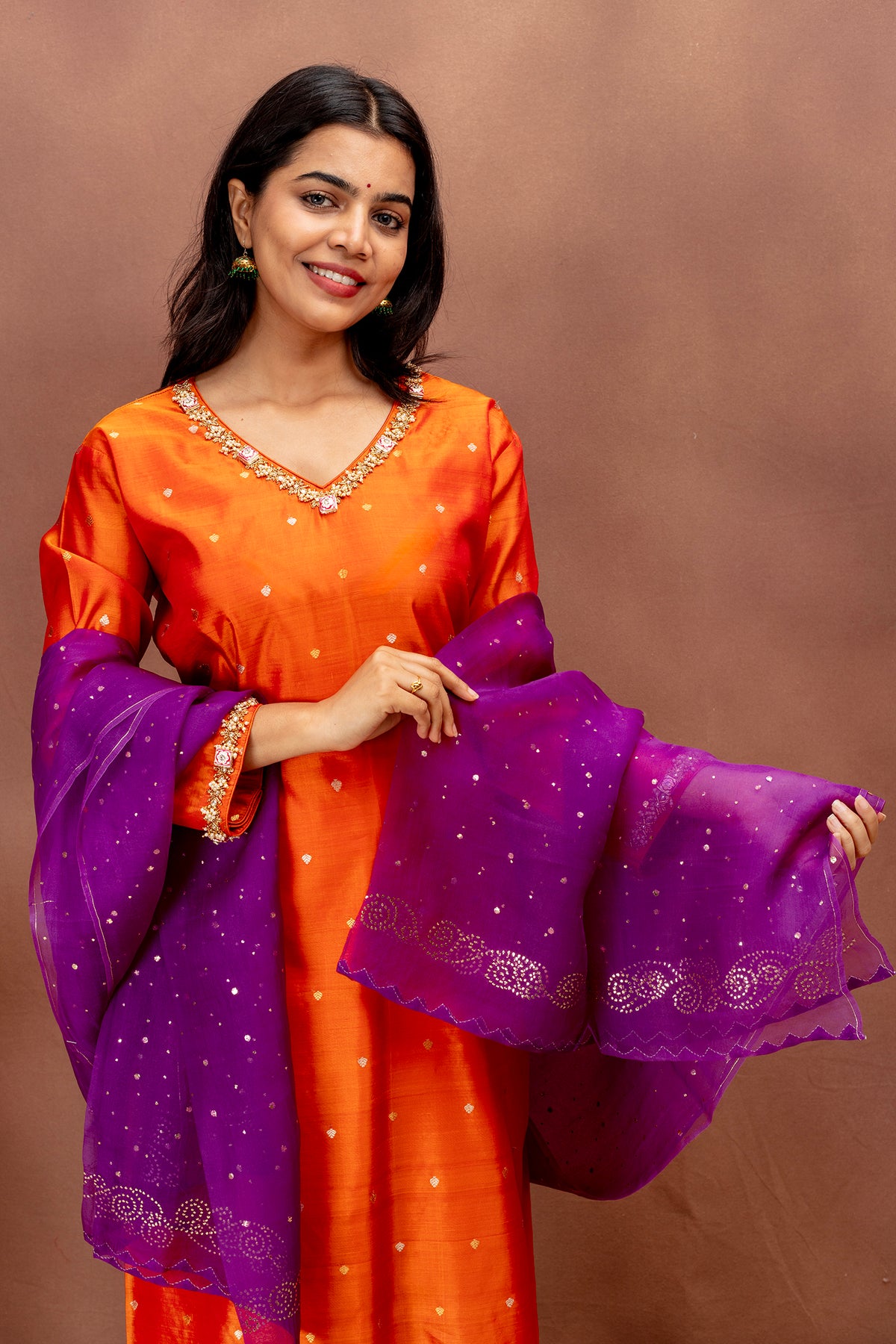 Orange Silk Kurta with Organza Dupatta