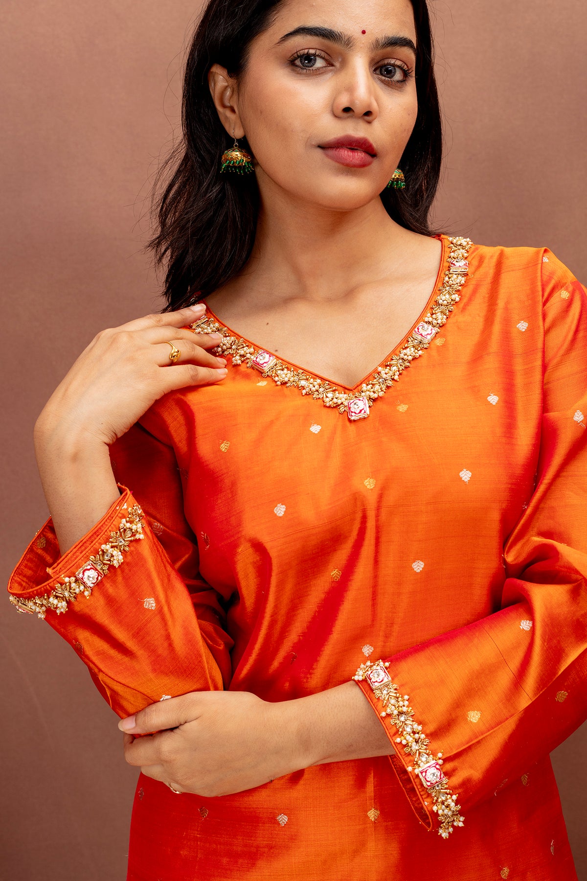 Orange Silk Kurta with Organza Dupatta