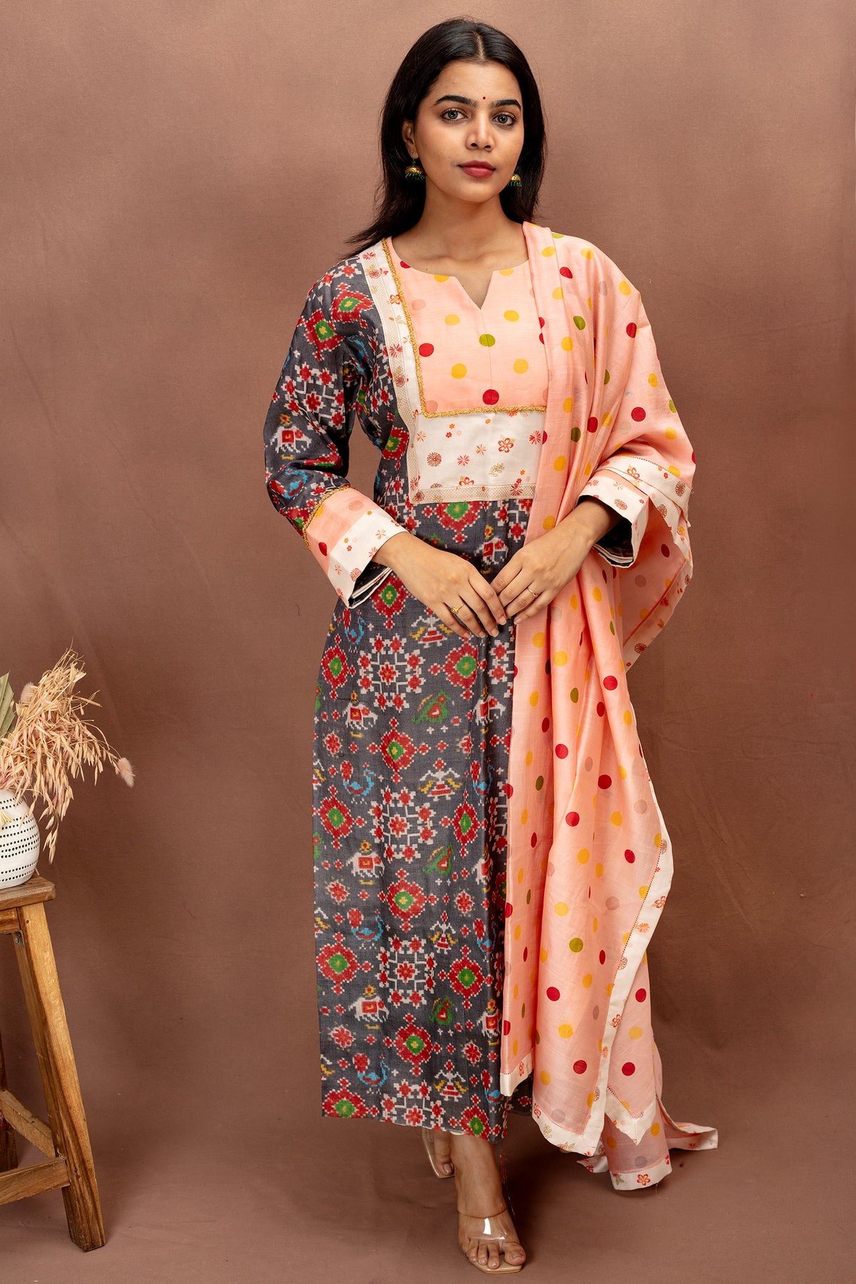Grey Tussah Ethnic Kurta Set with Peach Chanderi Cotton Dupatta