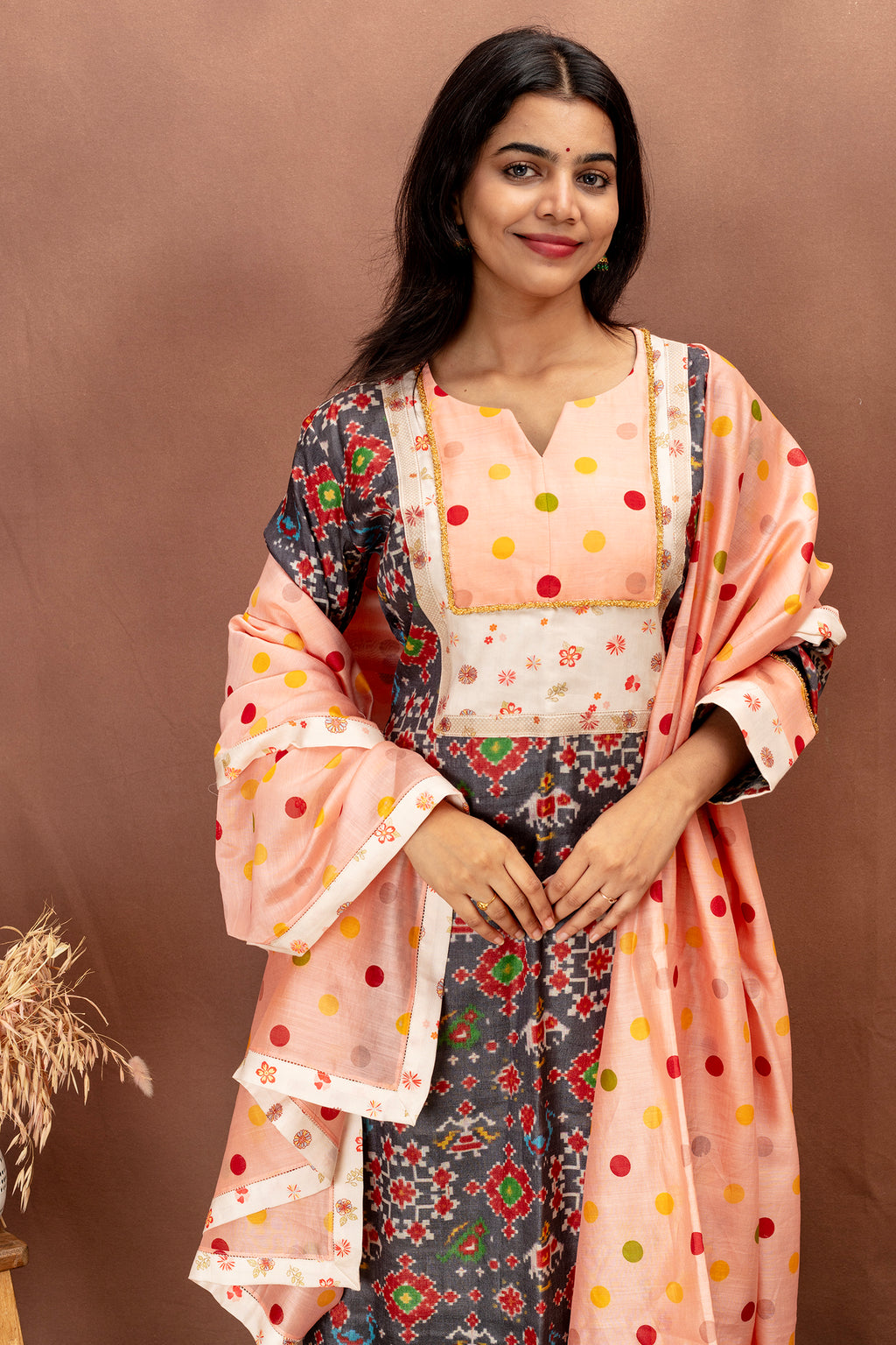 Grey Tussah Ethnic Kurta Set with Peach Chanderi Cotton Dupatta