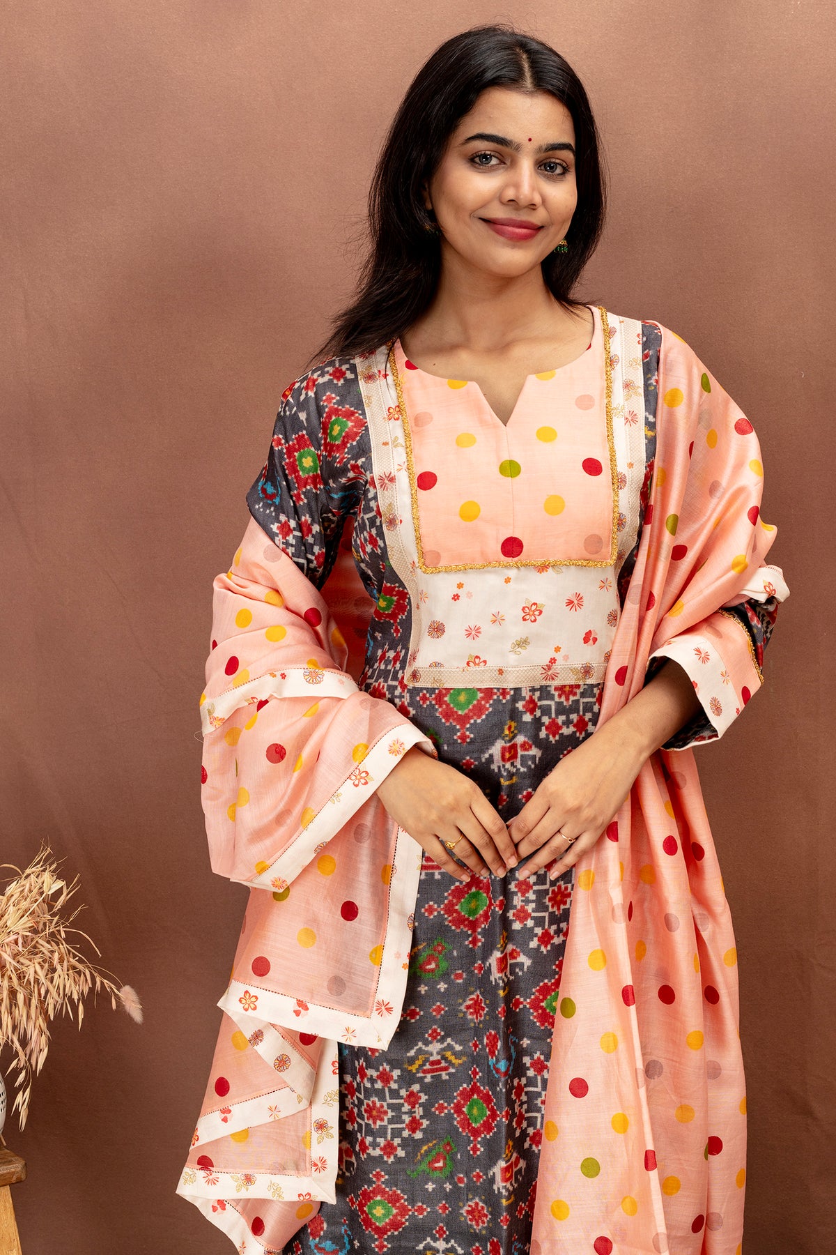 Grey Tussah Ethnic Kurta Set with Peach Chanderi Cotton Dupatta