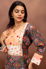 Grey Tussah Ethnic Kurta Set with Peach Chanderi Cotton Dupatta