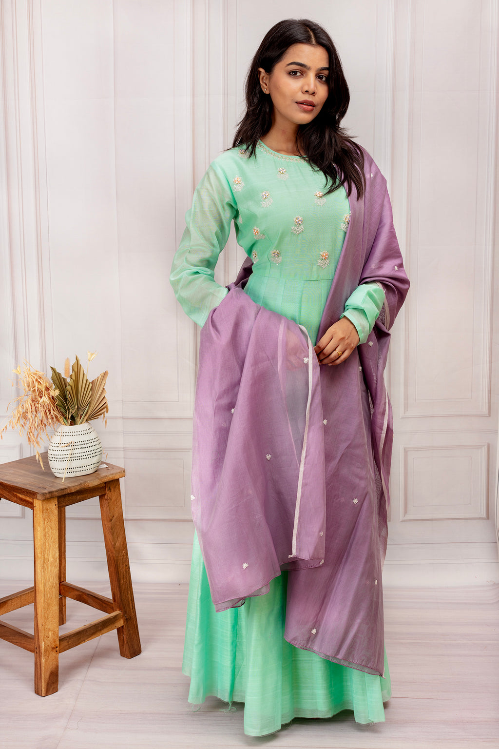 Mint Green Cotton Embroidered Anarkali Set with Mauve Sheer Dupatta