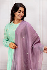 Mint Green Cotton Embroidered Anarkali Set with Mauve Sheer Dupatta