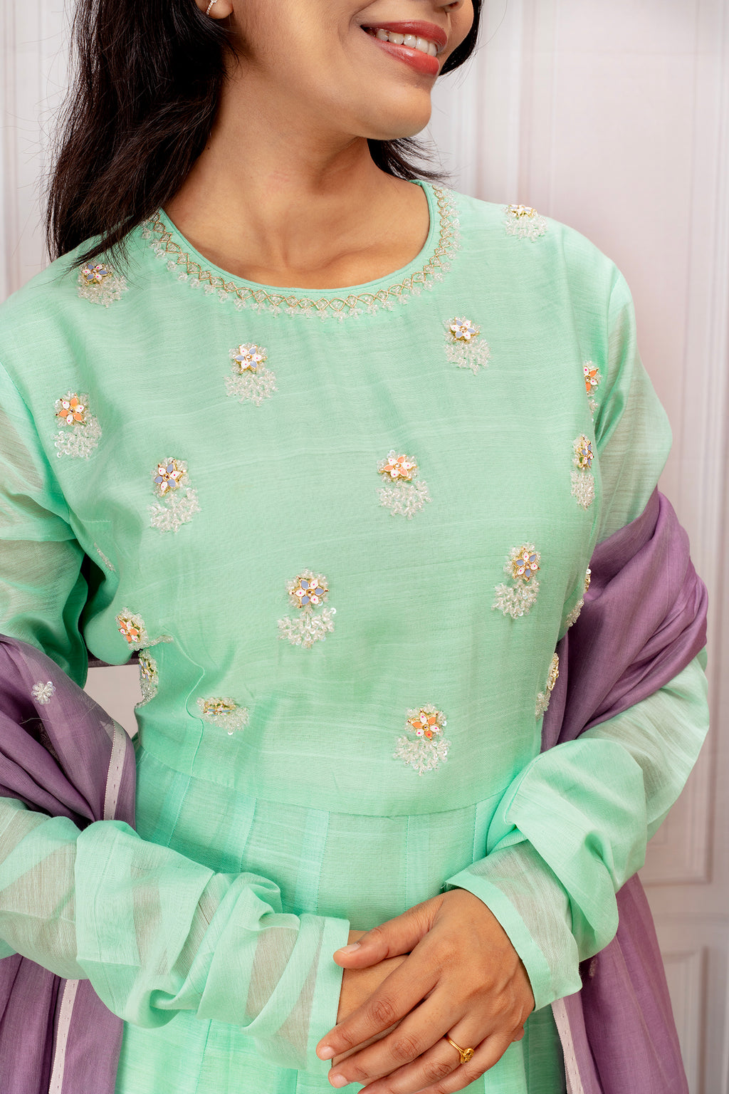 Mint Green Cotton Embroidered Anarkali Set with Mauve Sheer Dupatta
