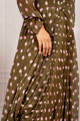 Olive Green Floral Printed Georgette Maxi Dress