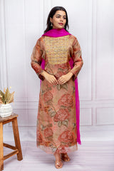 Floral Tissue Printed Kurta with Handworked Yoke & Fuchsia Organza Dupatta