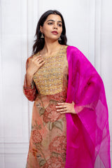 Floral Tissue Printed Kurta with Handworked Yoke & Fuchsia Organza Dupatta