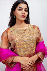 Floral Tissue Printed Kurta with Handworked Yoke & Fuchsia Organza Dupatta