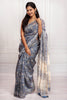 Elegant Blue & Cream Floral Printed Saree with Golden Accents
