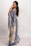 Elegant Blue & Cream Floral Printed Saree with Golden Accents
