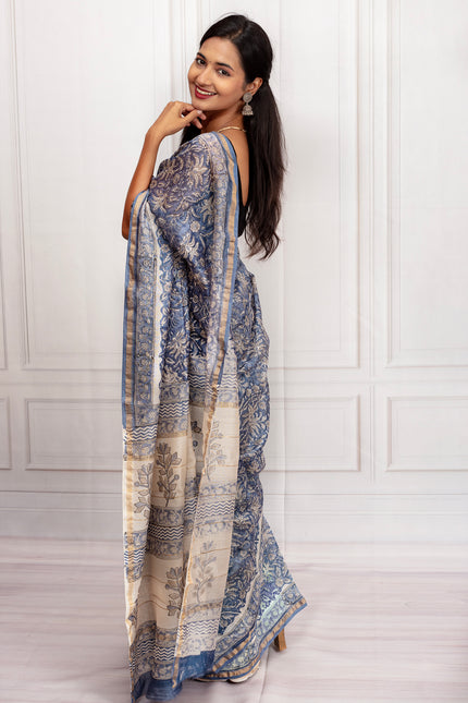 Elegant Blue & Cream Floral Printed Saree with Golden Accents