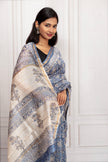 Elegant Blue & Cream Floral Printed Saree with Golden Accents
