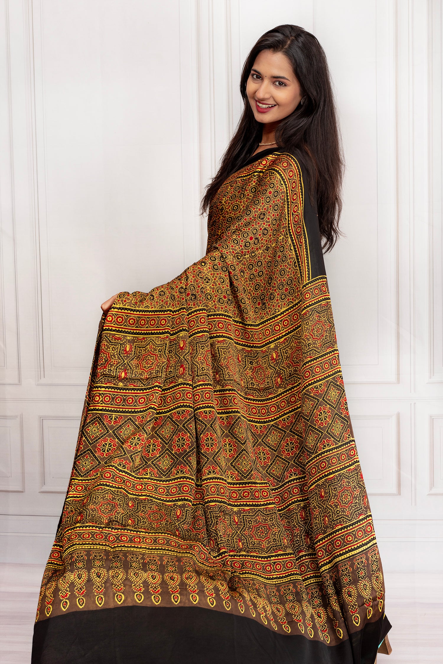 Elegant Black Ajrakh Printed Saree with Traditional Motifs