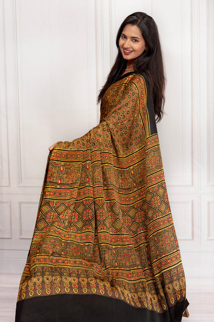 Elegant Black Ajrakh Printed Saree with Traditional Motifs