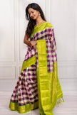 Purple & Cream Checked Silk Saree with Lime Green Zari Border
