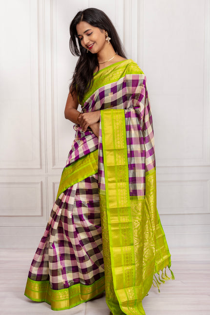 Purple & Cream Checked Silk Saree with Lime Green Zari Border