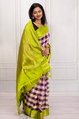 Purple & Cream Checked Silk Saree with Lime Green Zari Border