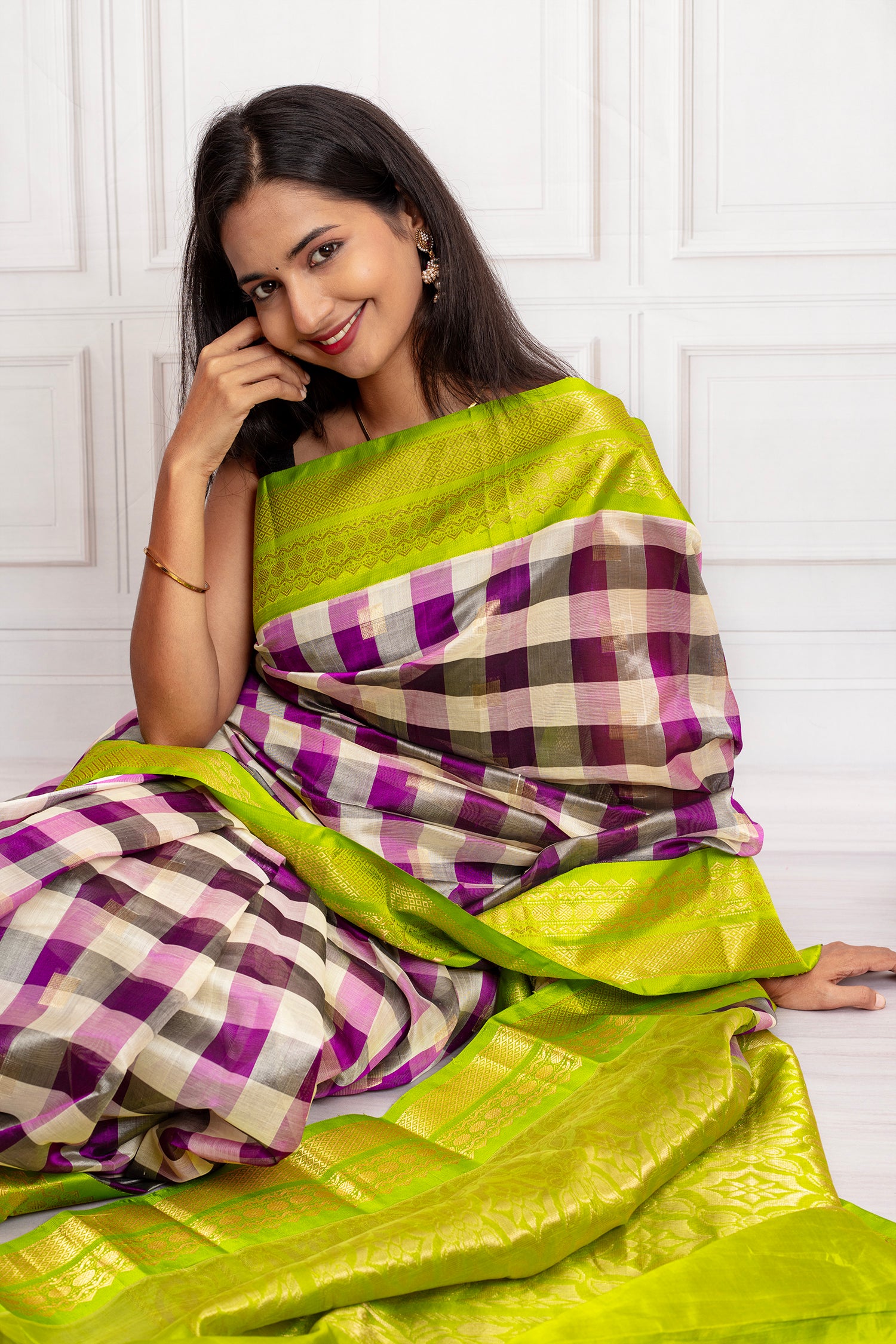 Purple & Cream Checked Silk Saree with Lime Green Zari Border