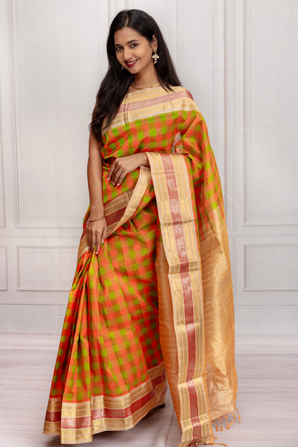 Traditional Silk Saree with Orange-Green Checks and Rich Golden Pallu