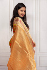 Traditional Silk Saree with Orange-Green Checks and Rich Golden Pallu