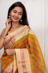 Traditional Silk Saree with Orange-Green Checks and Rich Golden Pallu