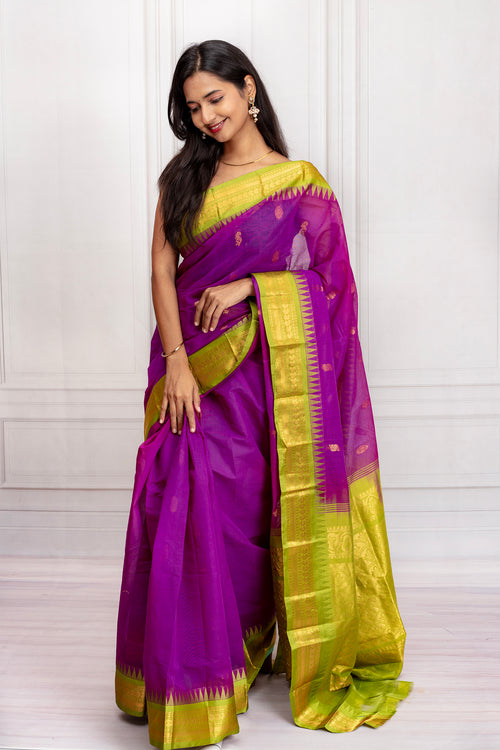 Royal Purple Silk Saree with Lime Green Zari Border
