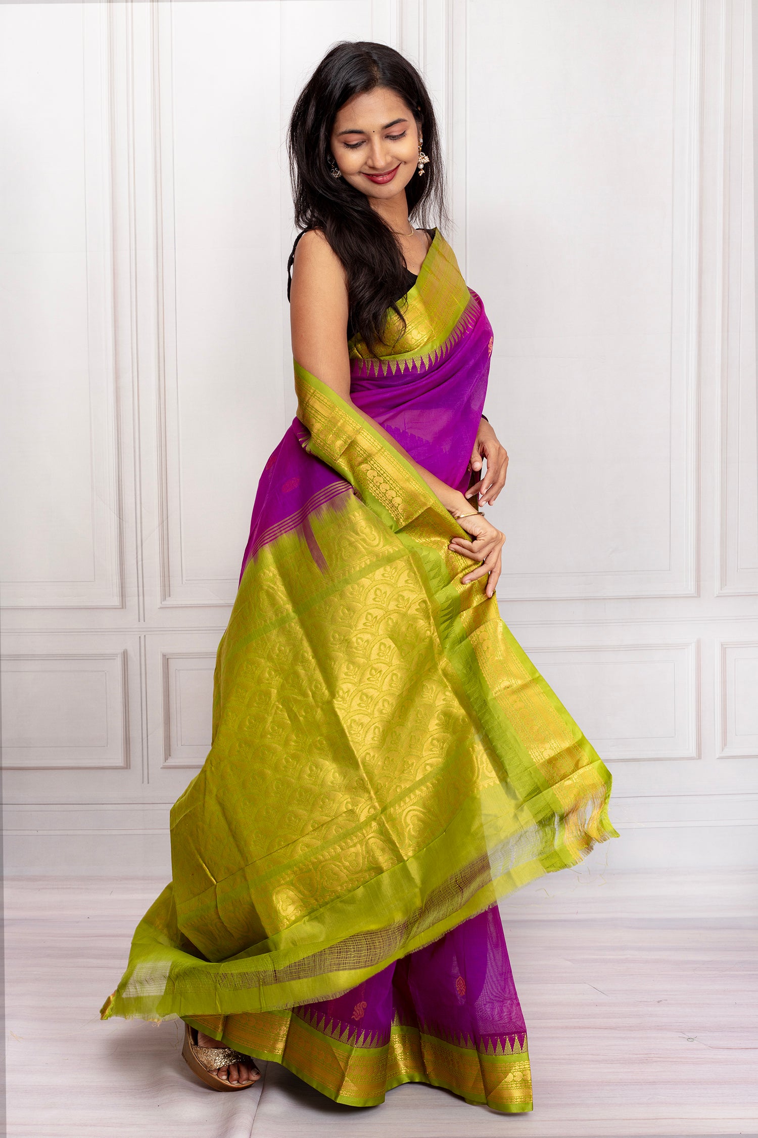 Royal Purple Silk Saree with Lime Green Zari Border