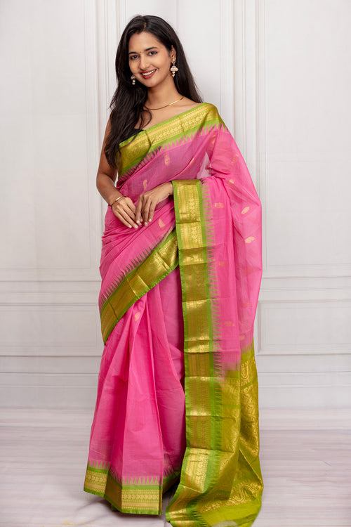 Pink Cotton Silk Saree with Lime Green Zari Border