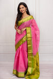 Pink Cotton Silk Saree with Lime Green Zari Border